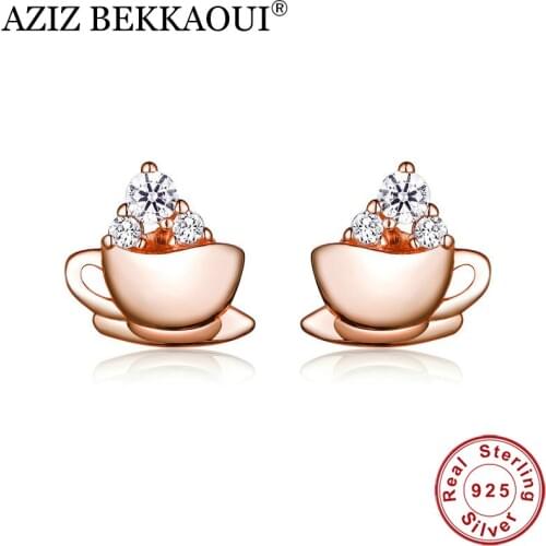 AZIZ BEKKAOUI 100% 925 Sterling Silver Rose Gold Coffee Cube Stud Earrings for Women Clear CZ Sterling Silver Jewelry Gift