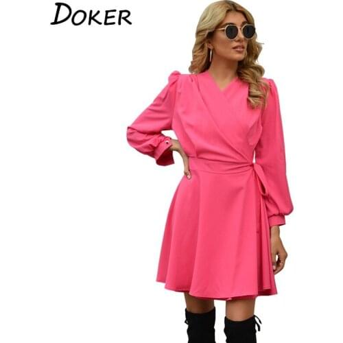Women Long Sleeve Mini Dress Autumn Winter Fashion Lace Up V-neck Plus Size Elegant Party Ladies Dresses Casual Short Dress