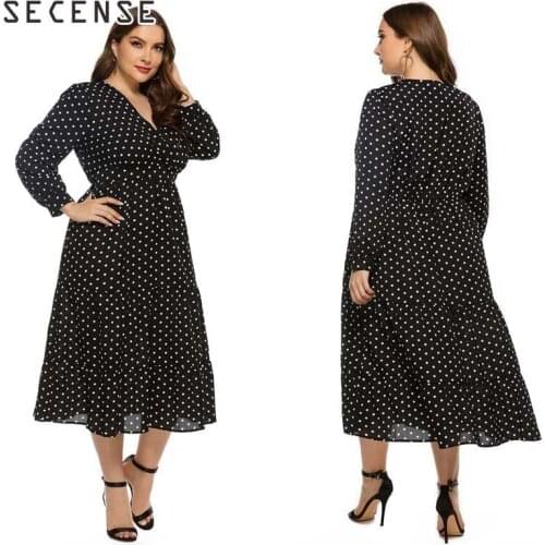 Women Midi Dress Dot v Neck Long Sleeve Plus Size 4xl Autumn Spring Fashion Women Clothes 2021 SECENSE