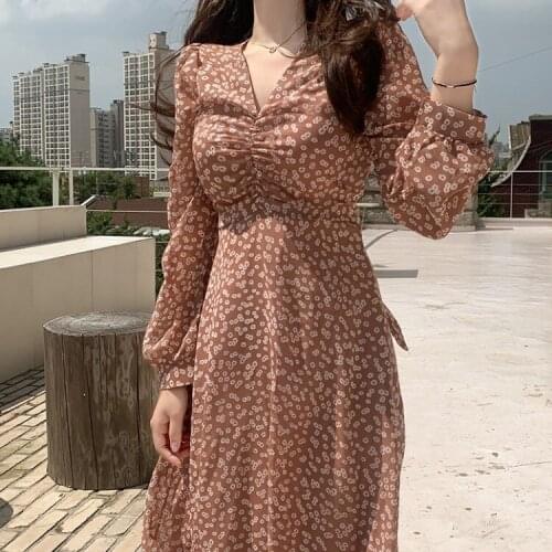 Casual V-neck Floral Midi Dress for Women V-neck Slim Waist Female Ruched Green Chiffon Dress 2021 Spring Vestidos RV514