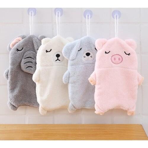 1Pcs Cute Animal Pattern Kids Hand Towels Soft Coral Velvet Baby Hand Towel Pure Color Wall-hanging Towel