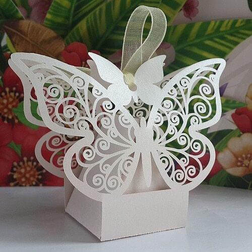 10pcs Pink/Ivory/Purple/Blue Butterfly Laser Wedding Candy Boxes Chocolate box Favour Box With Ribbon Baby Shower Christening