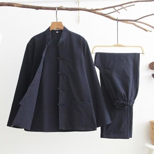 2PC Mens Solid Kung Fu Suit Chinese Traditional Male 100% Cotton Loose Wu Shu Tai Chi Sets M-4XL Jacket+Long Pants