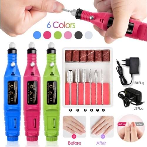 1Set Pro Electric Manicure Drill Machine Pen Pedicure Nail File 6 Bits Drill Nail Drill Machine Equipment Polish Nail Art Tool