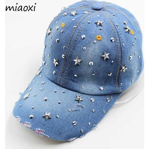 Miaoxi New High Quality Womens Hat Cap Baseball Denim Rhinestone Caps Cotton Snapback Women Men Adult Sun Hats Adjustable