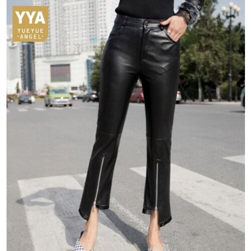 Designer Zipper Flare Pants Women Sheepskin Genuine Leather Slim Ankle Length Pants Female Streetwear High Waist Casual Pants