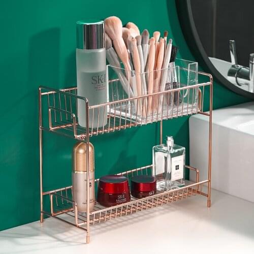 Rose Gold Double Layer Cosmetics Storage Rack Bathroom Makeup Organizer Kitchen Seasoning Storage Shelves Metal Finishing Rack