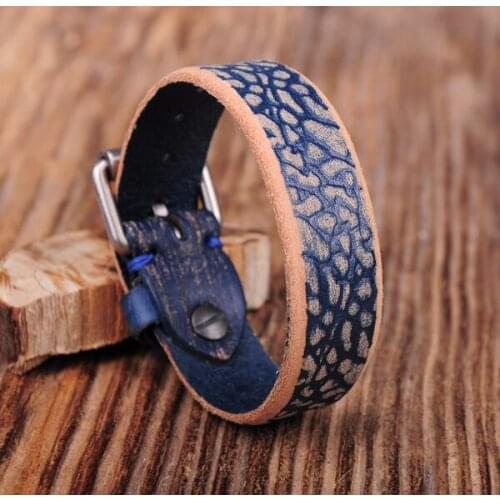 G362 Blue Stylish Vintage Textured Leather Wrap Wristband Bracelet Cuff Mens New