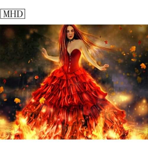 Full Square 5D DIY Diamond Painting Cross Stitch Red Dress Girl Fire 3D Diamond Embroidered Diamond Mosaic Sticker