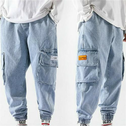 Men Tapered Jeans Harem Pant Drop Croth Cargo Denim Trouser Hip Hop Slim Fit