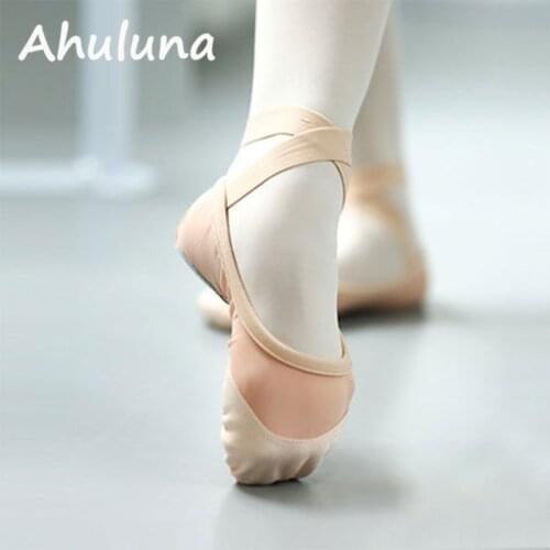 Soft Ballet Dance Shoes Leather Sole For Women Adults Cotton Elastic Mesh Vamp Pink Camel Female Ballet Dancing Sneakers DS007