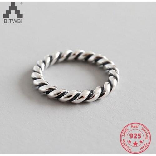 New Women Real 925 Sterling Silver Ring Retro Twist Ring Vintage Style Jewelry