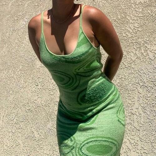 Print Bodycon Dress Summer Ladies Fashion Skinny Dress Hollow Out Sexy Sleeveless Spaghetti Strap Beach Midi Dresses Party