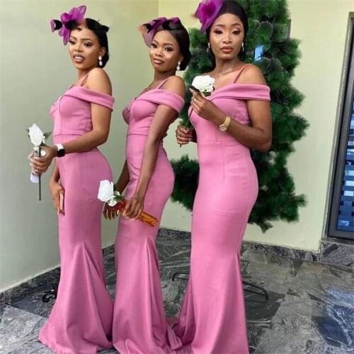 Mermaid Bridesmaid Dresses 2021 Spaghetti Straps Dark Pink Satin Long African Prom Dress Party Gown robe de soirée de mariage