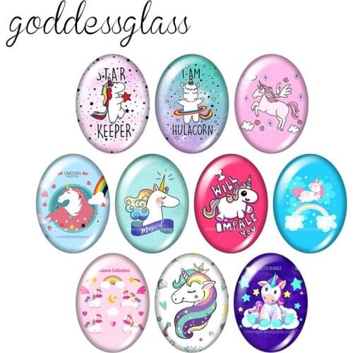 Cute Unicorn Lovely cartoon 10pcs mixed 13x18mm/18x25mm/30x40mm Oval photo glass cabochon demo flat back Making findings