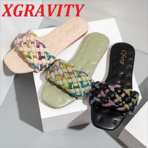 XGRAVITY 2021 Summer Flat Shoes Square Toe New Weave Ladies Fashion Slides Female Woman Footwear Knitting Elegant Slippers Hot