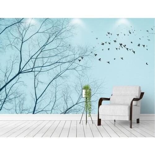 XUE SU Custom large-scale mural wallpaper Nordic style dry tree flying birds black and white style background wall wall covering