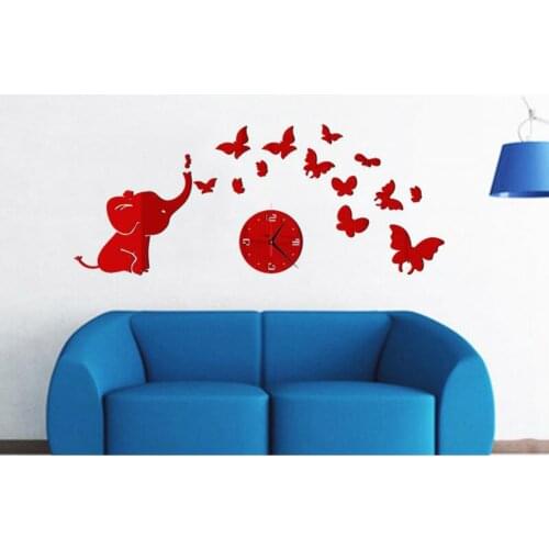 Modern Style Mirror Wall Stickers Butterfly Baby Elephant DIY Clock Self Adhesive Removable Home Living Room Decoration
