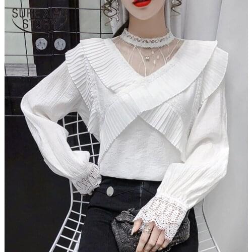 Autumn New Elegant Ruffle Mesh Stitching Women Shirts Blouses Hollow Out Long Sleeve White Blouse Women Loose Tops Female 16369