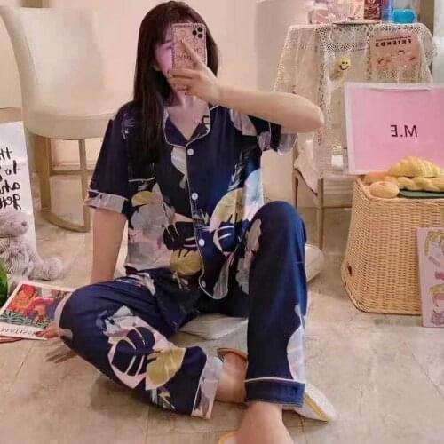 2PCS Women Sleepwear Loose Pajama Pijamams Suit Casual Female Shirt&Pant Sleep Set Print Flower Home Nightwear