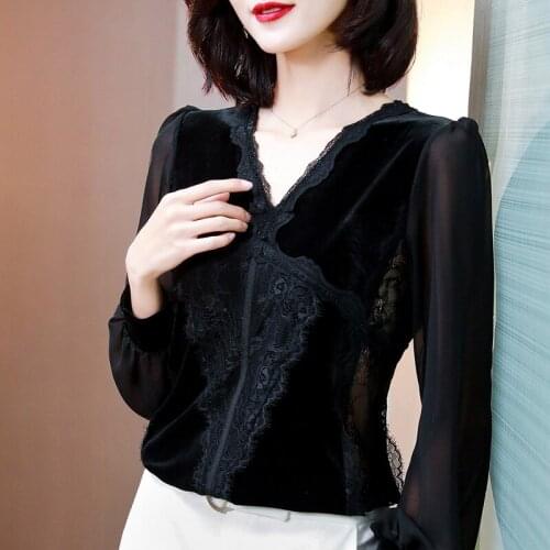 2021 Womens Tshirts Casual Solid Color Lace Tops Long Sleeves Chiffon Plus Size T-Shirt Loose Pullover V Neck Tunic Splicing