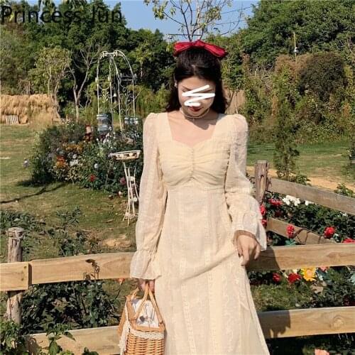 Women French Romantic Retro Apricot Fairy Dress Square Collar Flare Sleeve Slim Waisted Party Dress Summer Holiday A Line Dress