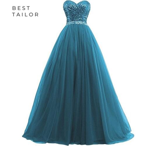 Teal Green Prom Dresses 2021 A-Line Sequins Top Long Evening Party Wear Tulle vestido de fiesta largos elegantes de gala noche