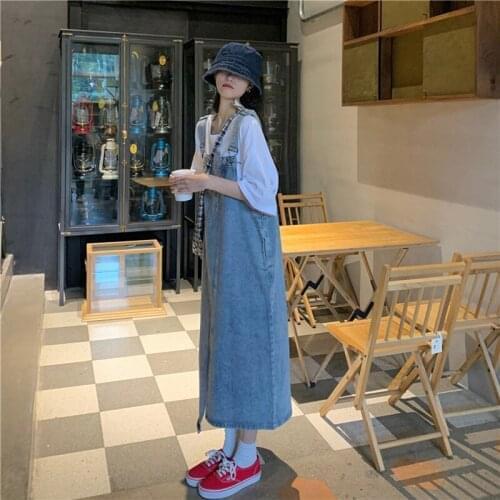Simple Women Dress Vintage Female Retro Sleeveless Asymmetrical Denim Jeans Summer Irregular Straight Ladies Blue Mid-Calf 2021