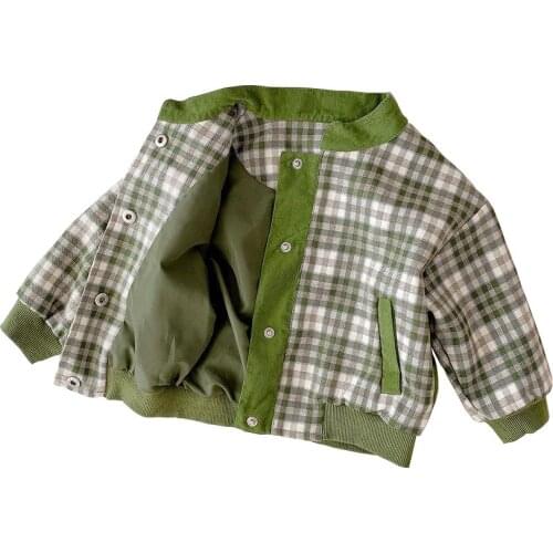 2021 Autumn New Fashion Boys Kids Outwears Green Plaid Button Coats Baseball Uniform Jacket for Toddler Boys Clothing