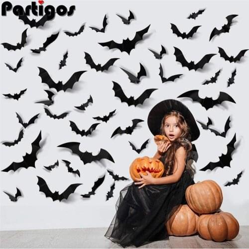 24/48pcs Halloween Decoration for Home 3D Black Bat PVC Halloween Party DIY Room Decor Terror Props Mexican Decor Wall Stickers