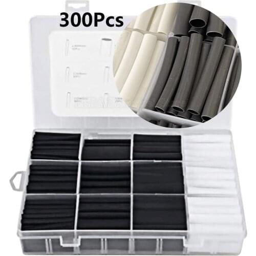 300Pcs/Box Shrinkage 3:1 Black White Heat Shrink Tube Kit Shrinking Assorted Polyolefin Insulation Sleeving Tubing Wire Cable