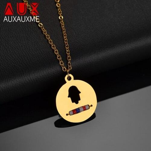 Auxauxme Round Hollow Fatima Hand Necklace Amulet Jewelry gold Stainless Steel Rice Beads Chian Necklaces For Women