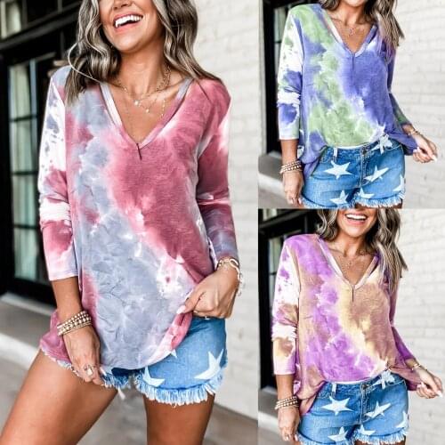 2020 Sexy Women Dames Blouse Long Sleeve Tie-dye Blouse V Neck Shirts Casual Elegant Pullover Tops Loose corset blouse New