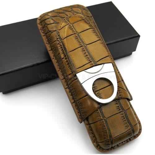 Cohiba Brown Genuine Crocodile Leather Cigar Holder Case Cutter Set 2 Tube