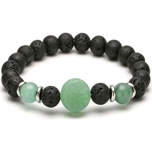 FYJS Unique Natural Green Aventurine Engraved Tree of Life Connect 8 mm Round Beads Black Lava Stone Elastic Bracelet