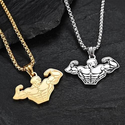 Hot Sale Fitness Teacher Strength Muscular Man Street Wear Golden Necklaces For Man Male Strong Body Stainless Steel Jewelry