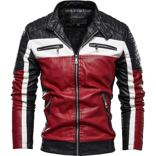 Men Leather Jacket Patchwork Biker Jacket Men Casual Zipper Coat Men Motorcycle Jacket Slim Fit Fur Lined Outwear Coat