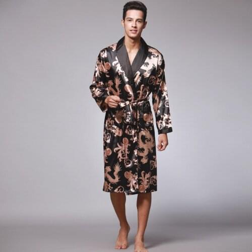 Men Silk Long Sleeve Printed Pajamas V-Neck Spring Summer Bathrobe Male Loose Casual Home Clothes Plus Size 3XL Nightgown Robes