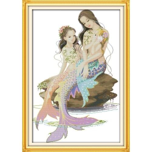 The little mermaid and her mother cross stitch kit 18ct 14ct 11ct count print canvas stitches embroidery DIY handmade needlework