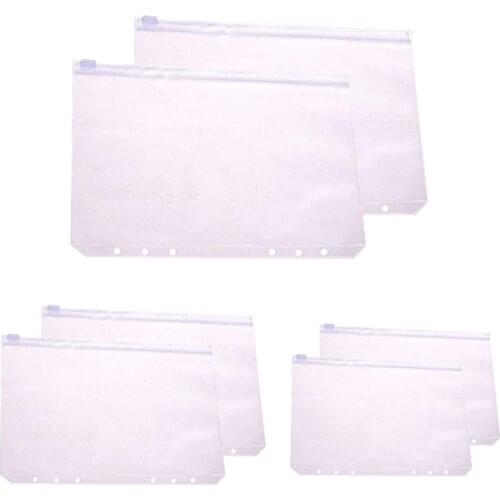 Set of 6Pcs Clear Plastic A5 A6 A7 Size Zipper Pockets Pouches For 6-Ring Notebook Binder Stamp Coupons Pens Erasers Ticket Bill