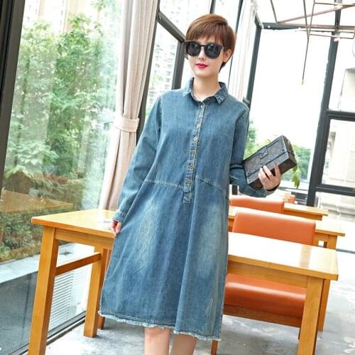 New 5XL Plus Size Spring Autumn Women Dresses Fashion Turn-Down Casual Loose Solid Jeans Dress For Women Larger Denim One-Piece