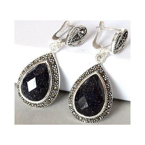Wholesale good ladys 925 Natural Blue Sand Stone Marcasite Drop EarringsLuxury Ms. girl Wedding