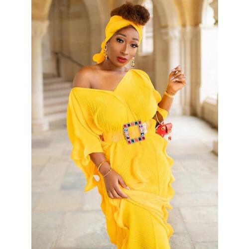 2021 African Womens Party Dress Sexy Pleated V-neck Chiffon Dress with Belt Headband Ruched Big Stretchy Clothing Yellow Pink