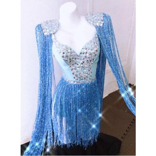 Sexy Blue Tassel Sexy Rhinestone Outfit Epaulet Fringes Design Party Dress Dj Female Singer Nightclub Bodysuit Costume