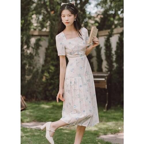 French Seaside Vacation Gentle Wind Floral Maxi Dress Chiffon Print Square Collar Pleated Temperament Retro Dresses Vestidos