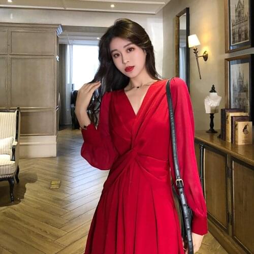 Twist High Waist Chiffon Dress Women V-Neck Long Midi Dress French Slim Fit Sexy Spring Retro Party Dress Elegant Plus Size B627