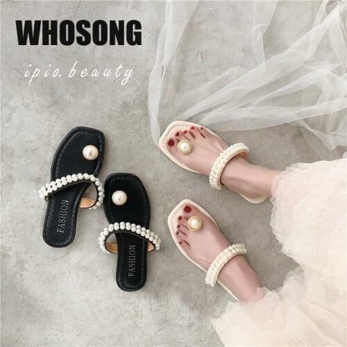 2020 Summer Women Slippers Woman Pearl Flats Girls Beach Slides Ladies Outside Shoes Female Soft Brand Mules Zapatos De Mujer