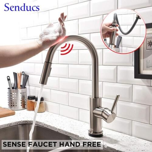 Touch Kitchen Faucet Senducs Pull Down Brushed Sensor Kitchen Mixer Tap Quality 304 Stainless Steel Touch Kitchen Sink Faucets