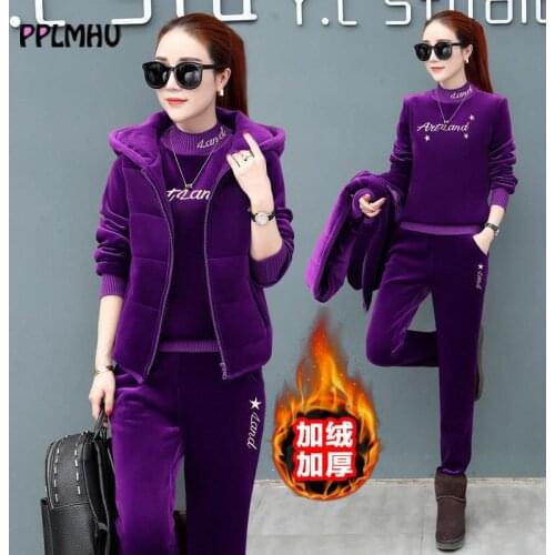 Thicken solid letter embroidered tracksuit casual velvet three piece sweatsuit winter warm plus size top and pant zip vest suits