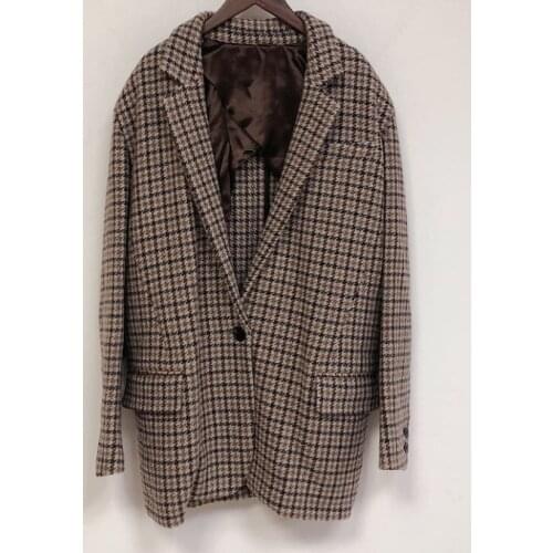 Kaito Woman Brown Checked Wool Blazer Houndstooth Lapel Collar Single Button Flap Pockets Long Sleeves Coat